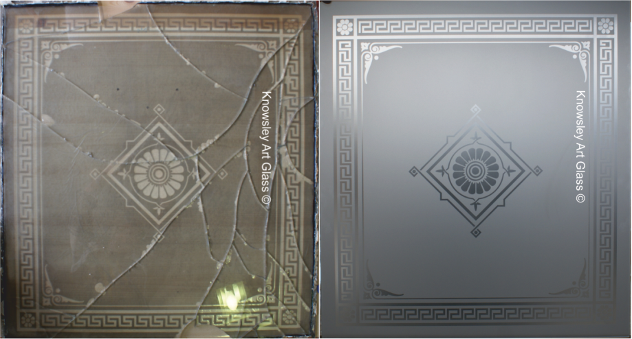 Victorian etched glass reproduction panel for Charles Lightfoot Ltd restored from broken original