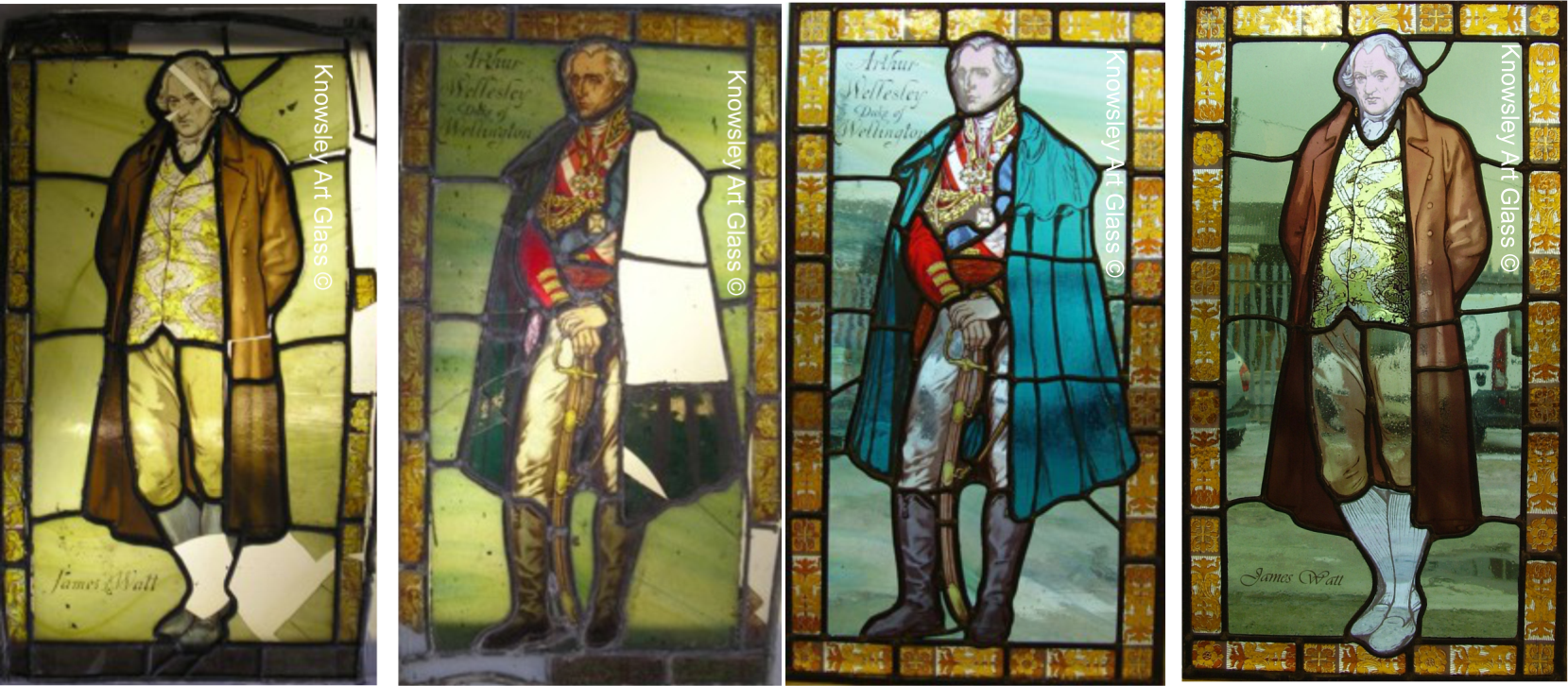 Restored hand-painted leaded light glass panels of Duke of Wellington and James Watt