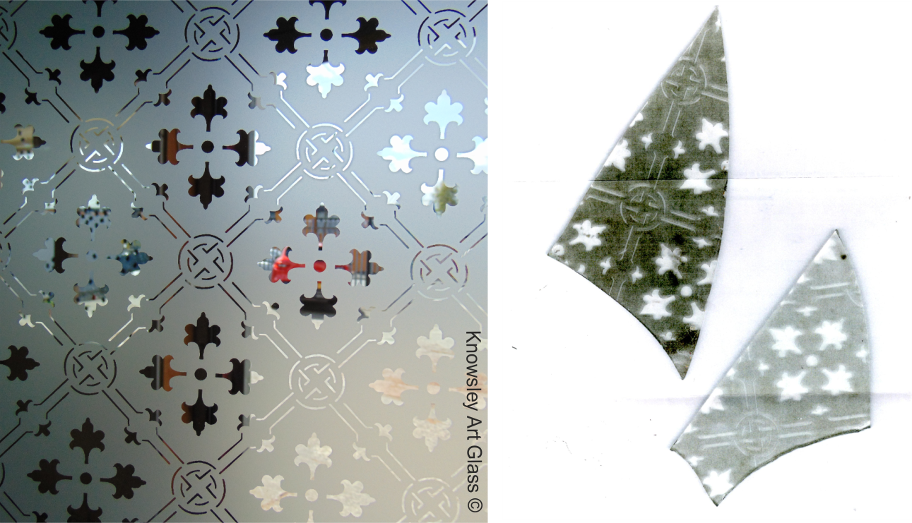 Original broken etched glass pieces from Moat Brae House before restoration