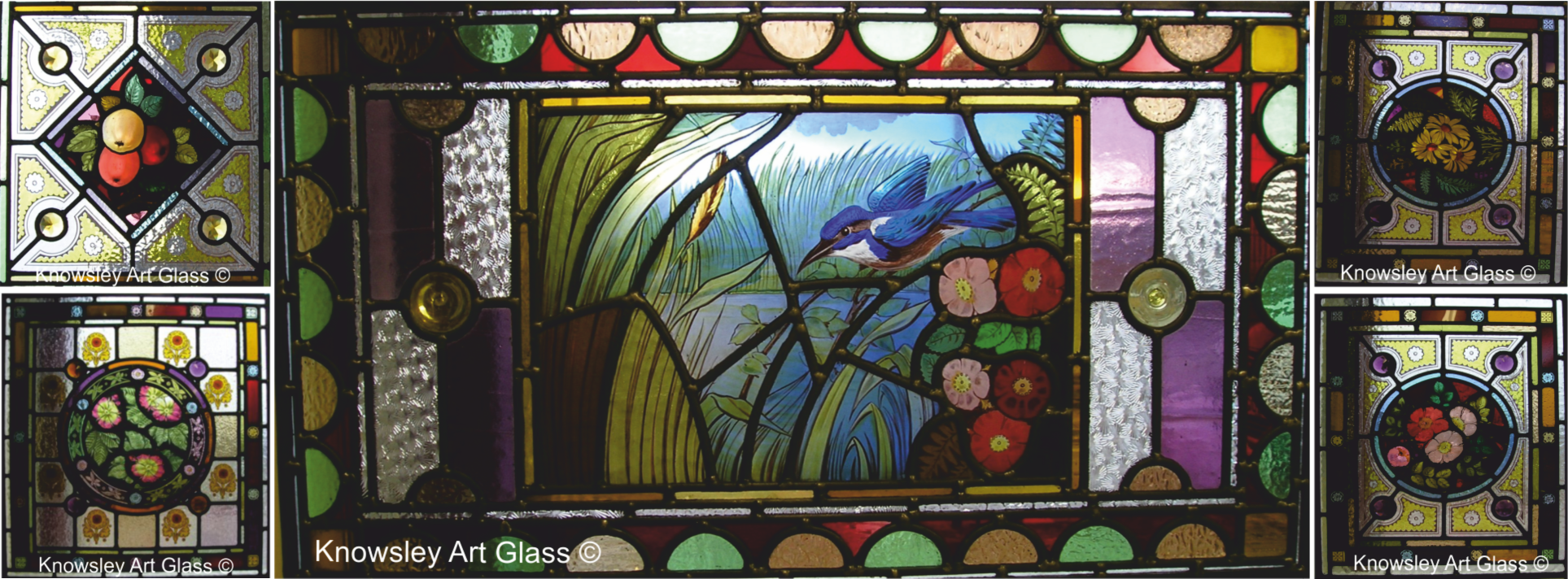 Restored stained glass leaded-light panels reproduced for Robsons Glass in Formby, featuring hand-painted birds and decorative borders.