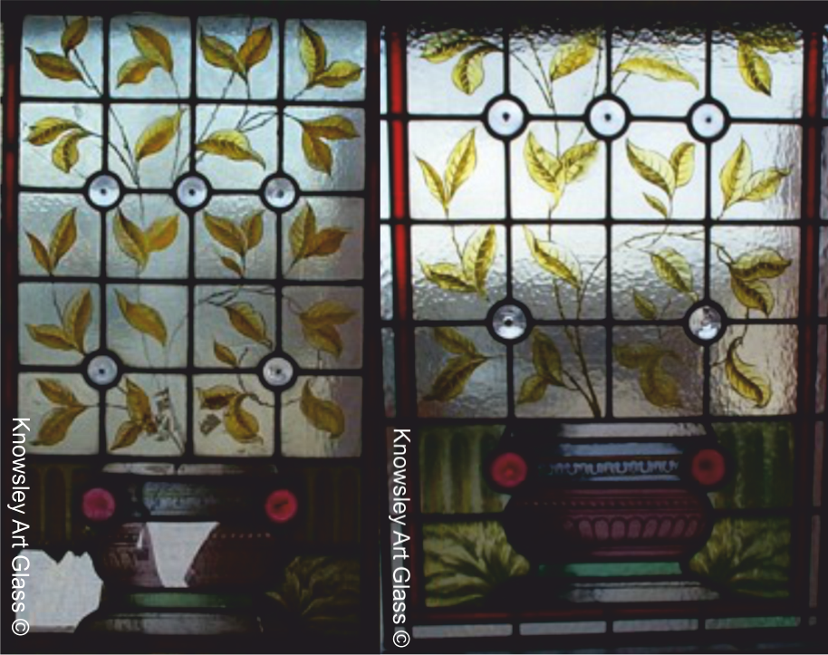 Restoration of hand-painted stained glass window in Warrington showing original damaged leaded-light panel beside fully restored reproduction with matched colours and artwork