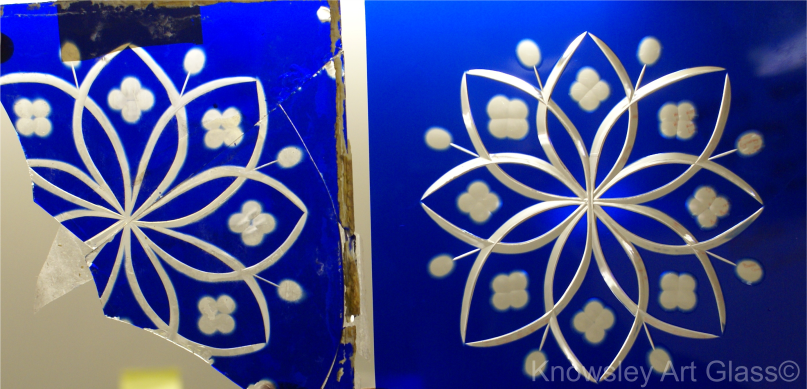 Original damaged blue brilliant cut glass fragment beside newly restored remake