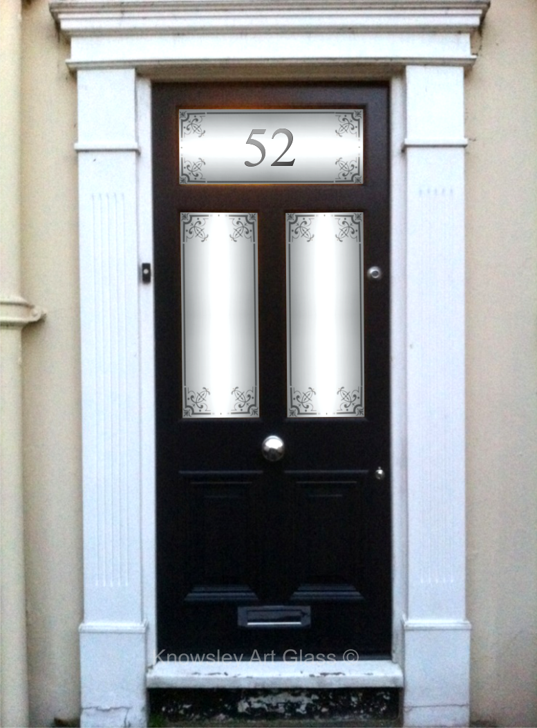 wooden front door with etched glass